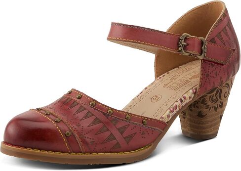 L'Artiste Women's NIOBELLA Hand-Painted Hook-and-Loop Mary Jane – Geometric Design, Decorative Buckle, Faux Stacked Heel in Saudi Arabia