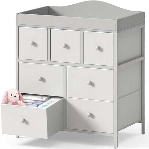 BOLUO Changing Table Dresser with 7 Fabric Drawers, Baby Dresser with Changing Table Top Diaper Changing Station with Storage for Nursery Modern in Kuwait