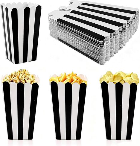 40 قطعة من صناديق الفشار الورقية، أكياس الفشار الورقية البيضاء المخططة، حاويات الحلوى لمستلزمات حفلات أعياد الميلاد (أسود، الحجم: L، 6.5 × 3.5 بوصة) in Kuwait