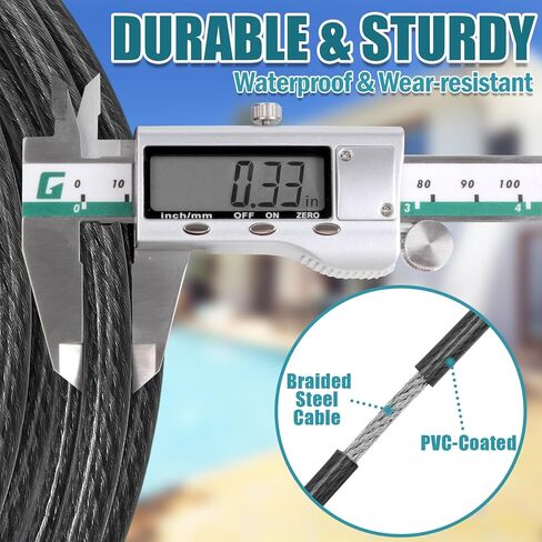 كابل من الفولاذ المقاوم للصدأ مطلي بالفينيل بطول 50 قدم (5/16 بوصة) مزود بحلقات وقبضة قفل شديدة التحمل للخيمة وغطاء المظلة للسيارة والمسبح in Kuwait
