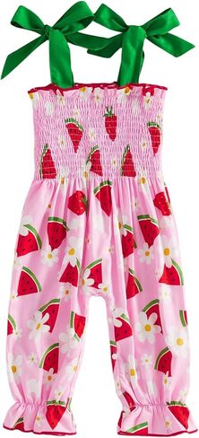 Emmababy Baby Girl Floral Smocked Jumpsuit Bubble Romper Sleeveless Tank Top Ruffle Strap Bodysuit Infant Summer Clothes in Kuwait