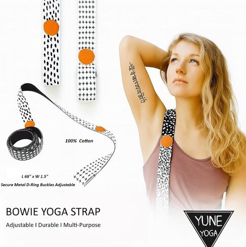 حزام اليوغا Yune Yoga Bowie - حزام للتمدد والحمل مقاس 68 بوصة مصنوع من القطن بنسبة 100% مع حلقة معدنية على شكل حرف D - ملحق لليوجا للبيلاتيس والمرونة والتمارين المنزلية in Saudi Arabia