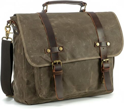 Men's Vintage Leather Messenger Bag 15.6 inch Laptop Briefcase, Waxed Canvas & Genuine Leather, Business Shoulder Satchel in Kuwait