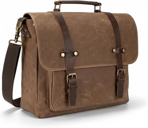 حقيبة رسول جلدية خمر للرجال 15.6 بوصة حقيبة كمبيوتر محمول ، قماش مشمع وجلد أصلي ، حقيبة كتف الأعمال التجارية in Kuwait