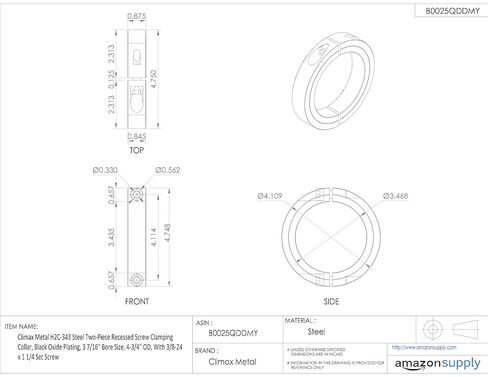 Climax Metal H2C-343 Steel Two-Piece Recessed Screw Clamping Collar, Black Oxide Plating, 3 7/16" Bore Size, 4-3/4" OD, With 3/8-24 x 1 1/4 Set Screw in Saudi Arabia