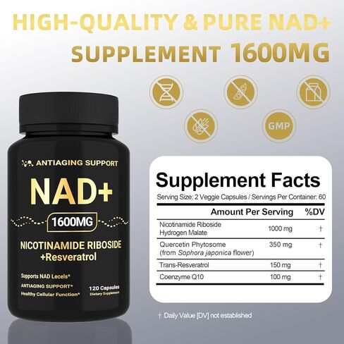 NAD Supplement 1600mg, NAD+ with Resveratrol & Nicotinamide Riboside, Anti-Aging Support, Cellular Energy & Mental Clarity Support, Vegan Non-GMO, 120 Capsules in Saudi Arabia