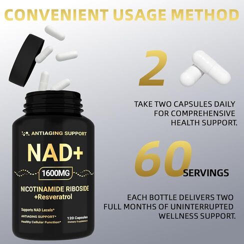 NAD Supplement 1600mg, NAD+ with Resveratrol & Nicotinamide Riboside, Anti-Aging Support, Cellular Energy & Mental Clarity Support, Vegan Non-GMO, 120 Capsules in Saudi Arabia