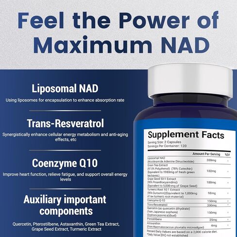 مكمل NAD+ 120 كبسولة - Liposomal NAD+ مع ريسفيراترول للطاقة الخلوية والحيوية اليومية - تركيبة عالية الامتصاص للرجال والنساء - نباتي، غير معدّل وراثيًا، خالي من الغلوتين in Kuwait