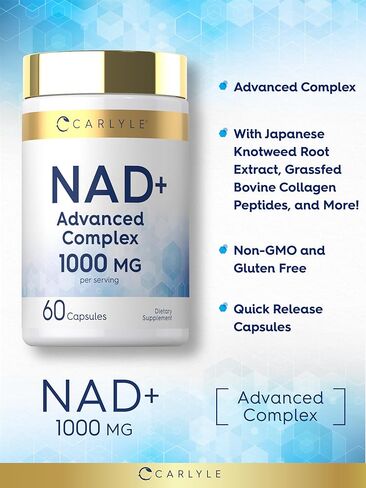 مكمل كارلايل NAD+ للنساء والرجال | 1000 مجم | 60 كبسولة | مركب متطور بالريسفيراترول والكولاجين | غير معدل وراثيًا وخالي من الغلوتين in Saudi Arabia