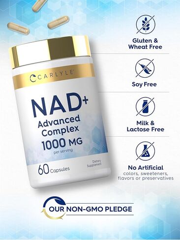 مكمل كارلايل NAD+ للنساء والرجال | 1000 مجم | 60 كبسولة | مركب متطور بالريسفيراترول والكولاجين | غير معدل وراثيًا وخالي من الغلوتين in Saudi Arabia