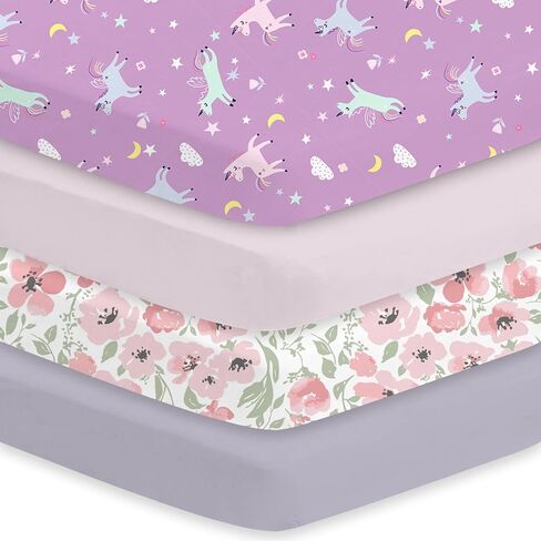 Little Grape Land Crib Sheets 4 Pack for Boys and Girls, Baby Neutral Crib Fitted Sheets for Standard Crib & Toddler Mattress, Super Soft Breathable Fitted Crib Sheet Set, Daliah & Unicorn in Kuwait