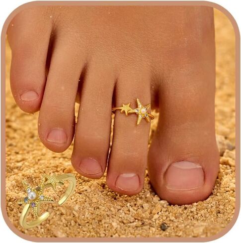 925 Sterling Silver Starffish Toe Rings للنساء اللؤلؤة الملونة الزركوني المكعب خاتم إصبع القدم 14 كيلو مقعد بالذهب مطلي بالفتحة المفتوحة ذات الصيف الصيفي إكسسوارات التخرج من أجلها in Saudi Arabia