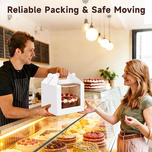 10 قطع من علب الكيك مقاس 10 بوصة بمقبض، صندوق كيك بطول 10 × 10 × 8 بوصة مع نافذة للكعك ذو الطبقات، حامل الكيك لحاوية إخراج المخبوزات، صناديق مخبز كبيرة بيضاء للخبز وحفلات الزفاف وأعياد الميلاد والحفلات in Kuwait