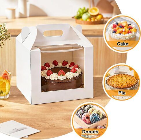 10 قطع من علب الكيك مقاس 10 بوصة بمقبض، صندوق كيك بطول 10 × 10 × 8 بوصة مع نافذة للكعك ذو الطبقات، حامل الكيك لحاوية إخراج المخبوزات، صناديق مخبز كبيرة بيضاء للخبز وحفلات الزفاف وأعياد الميلاد والحفلات in Kuwait