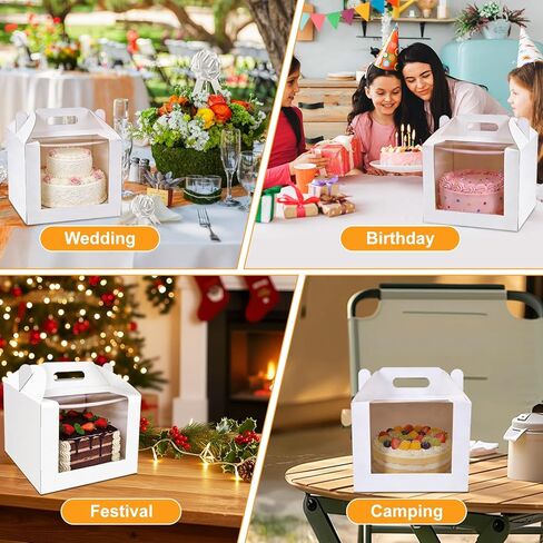 10 قطع من علب الكيك مقاس 10 بوصة بمقبض، صندوق كيك بطول 10 × 10 × 8 بوصة مع نافذة للكعك ذو الطبقات، حامل الكيك لحاوية إخراج المخبوزات، صناديق مخبز كبيرة بيضاء للخبز وحفلات الزفاف وأعياد الميلاد والحفلات in Kuwait