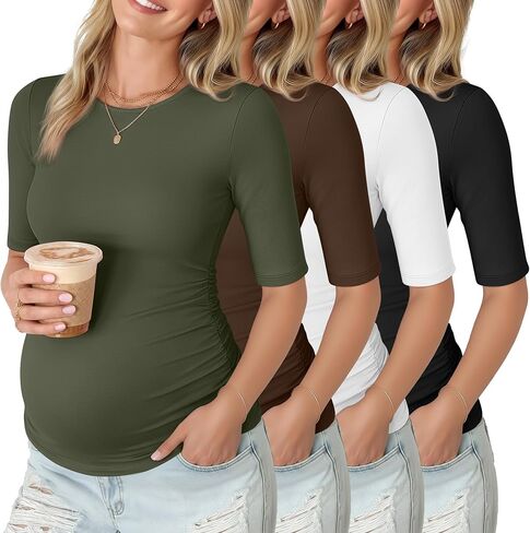 4 Pack Women's Maternity Shirts, Cotton Half Sleeve Side Ruched Tops Crew Neck Summer Casual Pregnancy Clothes in Kuwait
