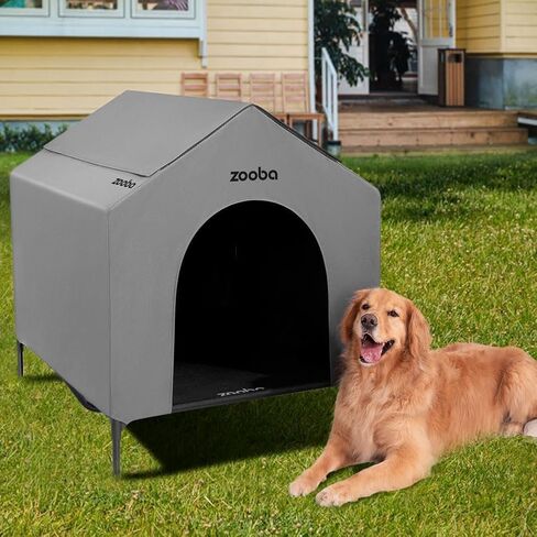 42" Outdoor Dog House for Large Breeds, Durable Large Dog Shelter with Weatherproof 600D PVC Canopy, Breathable 2x1 Textilene Fabric Elevated Dog Bed, XL Dog Kennel for Outside Use in Kuwait