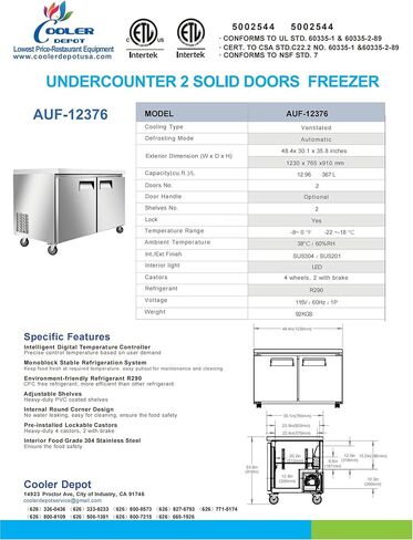 مستودع تبريد تحت الفريزر 48 بوصة، فريزر تجاري من الفولاذ المقاوم للصدأ مع سطح عمل NSF 2 باب، سعة 13 قدم مكعب، رفين، 0 درجة فهرنهايت إلى -8 درجة فهرنهايت 115 فولت / 60 هرتز مطعم-AUF-12376 in Kuwait