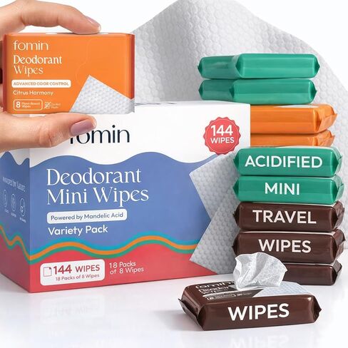 مناديل مطهرة لليدين صغيرة من فومين 9 عبوات (8 قطع) - مجموعة متنوعة من مناديل مبللة صغيرة - درجة حموضة متوازنة، قابلة للتحلل الحيوي، مضادة للبكتيريا أثناء التنقل مناديل تعقيم يدوية - لا تسبب الحساسية، مناديل سفر نباتية in Kuwait