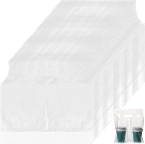 500 عبوة من أكياس بولي للشرب بمقبض مزدوج وحاملات تغليف بلاستيكية شفافة مع فتحة تعليق للأكواب مع مقبض للمشروبات والقهوة والعصائر والمتاجر ومطعم البار، بطول 30.48 سم × ارتفاع 27.94 سم in Kuwait