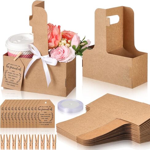 24 Sets Teacher Appreciation Gifts -2 Cup Drink Carrier with Handle, Thank You Kraft Paperboard Cup Holder with Label and Ruler Ribbon for Teacher Birthday Gifts in Saudi Arabia