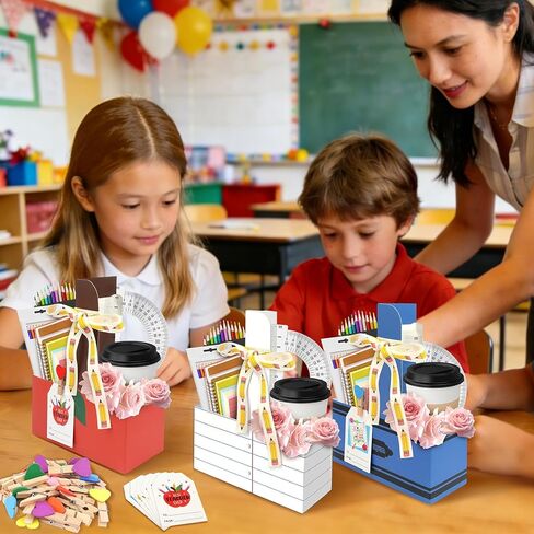 TREWAVE 24 مجموعة من هدايا تقدير المعلمين، 2 كوب حامل مشروبات بمقبض، حامل أكواب قهوة للاستعمال مرة واحدة مع بطاقات شكر ومشابك وشريط، مجموعة علبة من الورق المقوى مكونة من كوبين لمستلزمات حفلات التخرج in Kuwait