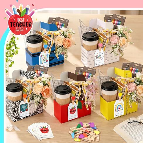 TREWAVE 24 مجموعة من هدايا تقدير المعلمين، 2 كوب حامل مشروبات بمقبض، حامل أكواب قهوة للاستعمال مرة واحدة مع بطاقات شكر ومشابك وشريط، مجموعة علبة من الورق المقوى مكونة من كوبين لمستلزمات حفلات التخرج in Kuwait