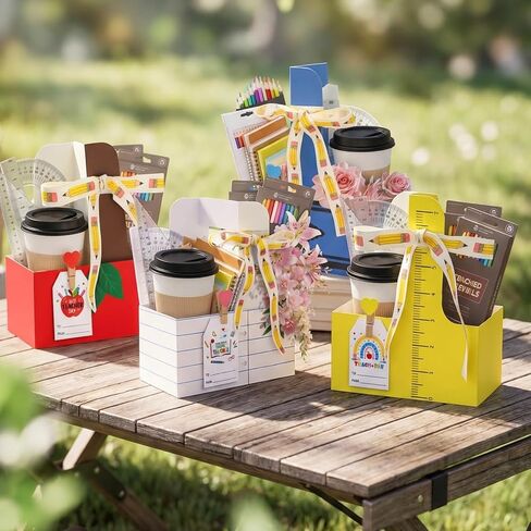 TREWAVE 24 مجموعة من هدايا تقدير المعلمين، 2 كوب حامل مشروبات بمقبض، حامل أكواب قهوة للاستعمال مرة واحدة مع بطاقات شكر ومشابك وشريط، مجموعة علبة من الورق المقوى مكونة من كوبين لمستلزمات حفلات التخرج in Kuwait