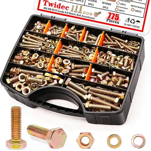 Twidec/775PCS Metric Bolt Assortment,Grade 8.8 Hex Head Nuts and Bolts Assortment Kit, M6/M8/M10(12-60mm) Heavy Duty Bolts and Nuts Kit, Flat & Spring Lock Washer Gold Zinc Plating With Storage Case in Saudi Arabia