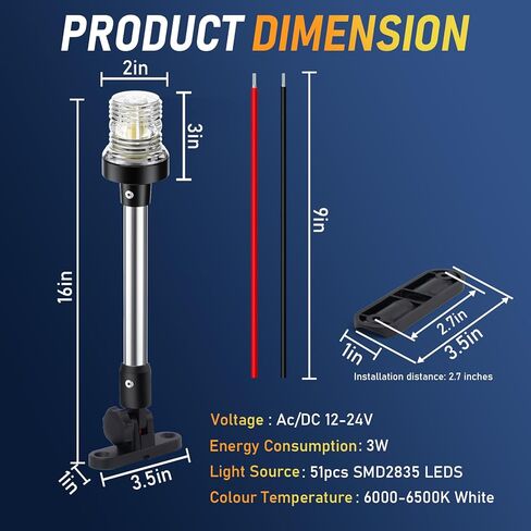 16 بوصة ضوء قارب عائم لأعلى بيميني، ضوء مرساة LED مقاوم للماء، 3 نانومتر أبيض قابل للطي للأسفل الخلفي أضواء الملاحة على شكل عائم بيميني لقارب الصيد، قوارب جون والصغيرة (12-24 فولت) in Saudi Arabia