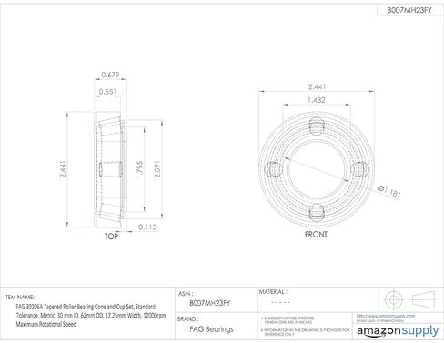 FAG 30206A Tapered Roller Bearing Cone and Cup Set, Standard Tolerance, Metric, 30 mm ID, 62mm OD, 17.25mm Width, 12000rpm Maximum Rotational Speed in Kuwait