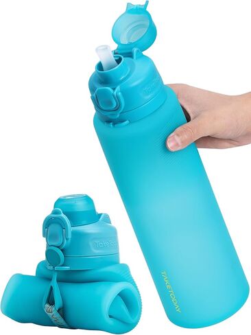 زجاجات مياه قابلة للطي من تاكي توداي، سعة 32 أونصة، زجاجة سفر قابلة للطي، زجاجة مياه من السيليكون مانعة للتسرب ومعتمدة من إدارة أمن المواصلات الأمريكية للمشي لمسافات طويلة والسفر وفي الهواء الطلق، باللون الأسود in Kuwait