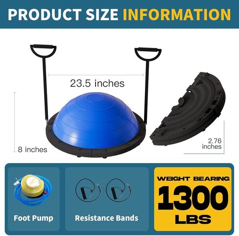 كرة توازن قابلة للطي من Vtory، مدرب توازن نصف الكرة، كرة ثبات بسعة 1300 رطل، نصف كرة يوجا 23.5 بوصة، مع حزام مقاومة ومضخة قدم، مانعة للانزلاق in Kuwait