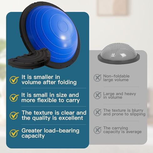 كرة توازن قابلة للطي من Vtory، مدرب توازن نصف الكرة، كرة ثبات بسعة 1300 رطل، نصف كرة يوجا 23.5 بوصة، مع حزام مقاومة ومضخة قدم، مانعة للانزلاق in Kuwait