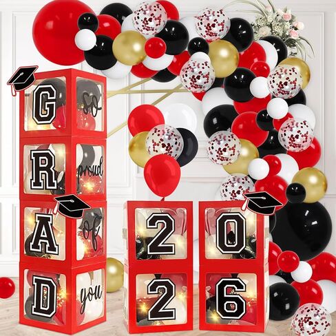 DAZONGE Graduation Decorations Class of 2024 - Set of 4 Red Graduation Balloon Boxes with 139pcs Balloon Arch Garland Kit & 4 Light Strings - So Proud of You 2024 Graduation Decorations for Any Grades in Saudi Arabia