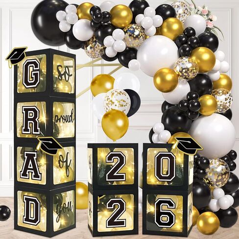 DAZONGE Graduation Decorations Class of 2024 - Set of 4 Red Graduation Balloon Boxes with 139pcs Balloon Arch Garland Kit & 4 Light Strings - So Proud of You 2024 Graduation Decorations for Any Grades in Kuwait
