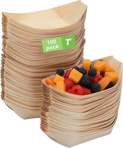 100 Pcs 7-Inch wood Appetizer Boats - Disposable Wooden Serving Trays for Canapés, Sushi, Snacks - Eco-Friendly Biodegradable Party Plates for Weddings, Birthdays, BBQs & Events in Kuwait