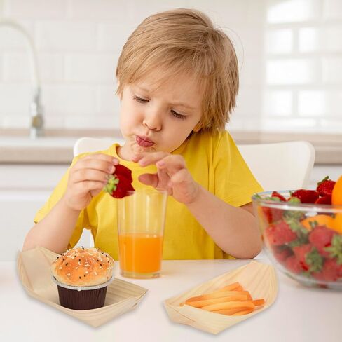 100 Pcs 7-Inch wood Appetizer Boats - Disposable Wooden Serving Trays for Canapés, Sushi, Snacks - Eco-Friendly Biodegradable Party Plates for Weddings, Birthdays, BBQs & Events in Kuwait