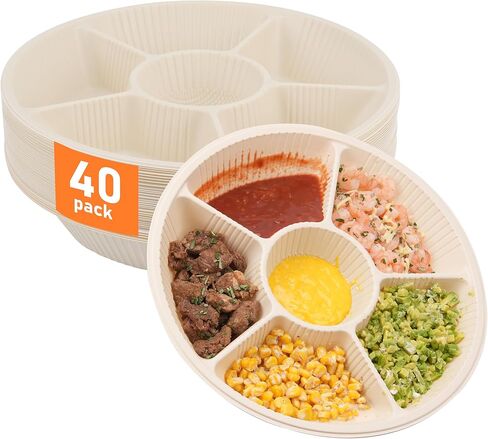 40 Pcs Disposable Divided Plates with 6 Deep Compartments, 12 Inch Large Disposable Sectional Plates, Biodegradable Cornstarch Divided Serving Tray for Party - Microwave Safe in Saudi Arabia