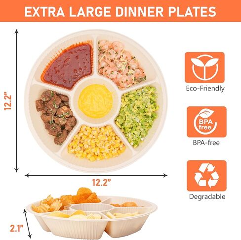 40 Pcs Disposable Divided Plates with 6 Deep Compartments, 12 Inch Large Disposable Sectional Plates, Biodegradable Cornstarch Divided Serving Tray for Party - Microwave Safe in Saudi Arabia