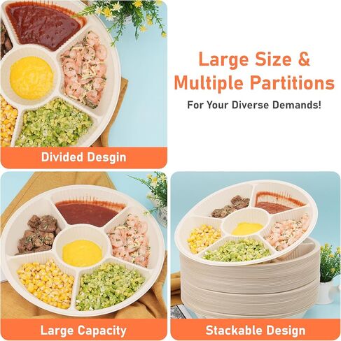 40 Pcs Disposable Divided Plates with 6 Deep Compartments, 12 Inch Large Disposable Sectional Plates, Biodegradable Cornstarch Divided Serving Tray for Party - Microwave Safe in Saudi Arabia