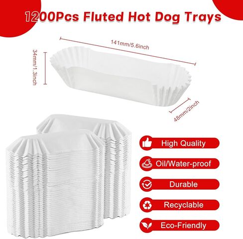 Haploon 1200 Pcs Paper Hot Dog Trays, 6 Inch Fluted Paper Hot Dog Liners, White Rectangular Fluted Hotdog Tray for Party and BBQ, Disposable Grease-Proof Food Boats for Takeout Food To-Go Orders in Kuwait