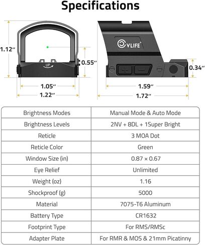 CVLIFE BearMight Auto-Brightness Green Dot Sight with Hood for RMS/RMSc, 5000G Shockproof, 3 MOA Dot Open Reflex Optics, Motion Awake Scope for Compact Pistol, with Adapter for RMR/MOS/21mm Picatinny in Saudi Arabia