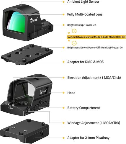 CVLIFE BearMight Auto-Brightness Green Dot Sight with Hood for RMS/RMSc, 5000G Shockproof, 3 MOA Dot Open Reflex Optics, Motion Awake Scope for Compact Pistol, with Adapter for RMR/MOS/21mm Picatinny in Saudi Arabia