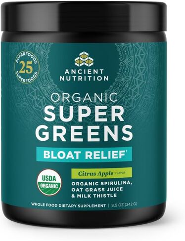 Ancient Nutrition Organic SuperGreens Bloat Relief, Digestive Enzymes, Prebiotic Fiber & Probiotics, Supports Bloat Relief & Digestive Health, 25 Superfoods, Citrus Apple, 25 Servings in Saudi Arabia