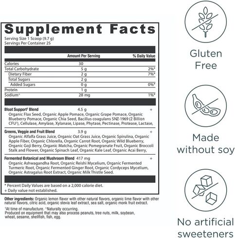 Ancient Nutrition Organic SuperGreens Bloat Relief, Digestive Enzymes, Prebiotic Fiber & Probiotics, Supports Bloat Relief & Digestive Health, 25 Superfoods, Citrus Apple, 25 Servings in Saudi Arabia