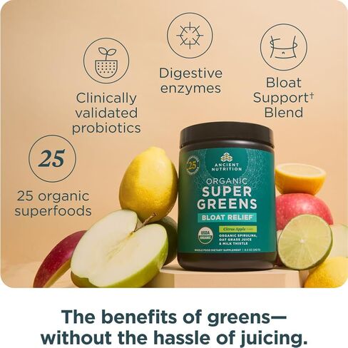Ancient Nutrition Organic SuperGreens Bloat Relief, Digestive Enzymes, Prebiotic Fiber & Probiotics, Supports Bloat Relief & Digestive Health, 25 Superfoods, Citrus Apple, 25 Servings in Saudi Arabia