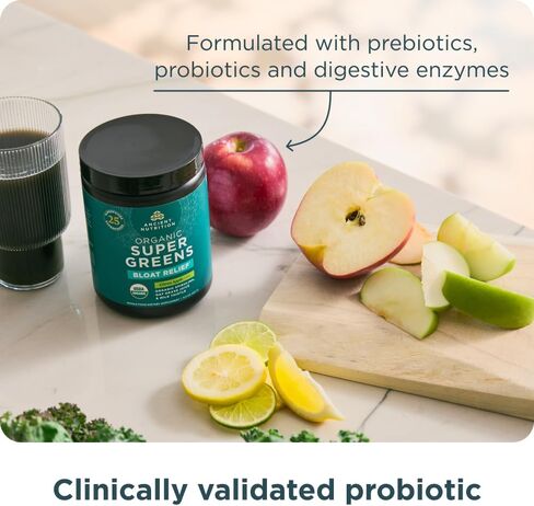 Ancient Nutrition Organic SuperGreens Bloat Relief, Digestive Enzymes, Prebiotic Fiber & Probiotics, Supports Bloat Relief & Digestive Health, 25 Superfoods, Citrus Apple, 25 Servings in Saudi Arabia