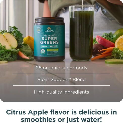 Ancient Nutrition Organic SuperGreens Bloat Relief, Digestive Enzymes, Prebiotic Fiber & Probiotics, Supports Bloat Relief & Digestive Health, 25 Superfoods, Citrus Apple, 25 Servings in Saudi Arabia