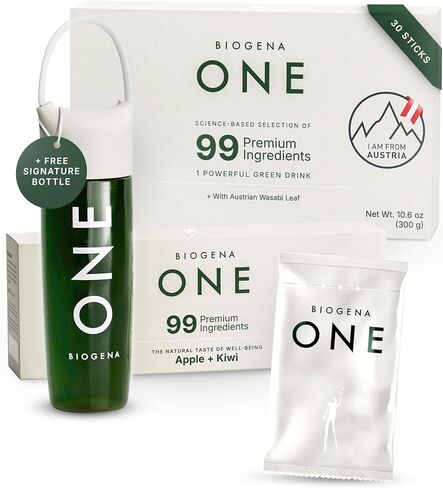 BIOGENA ONE All-in-one Super Greens Powder - Supports Energy Metabolism & Immune Function**- 99 Nutrients with Probiotics, Vitamins & CoQ10 - No Added Sugar - Apple-Kiwi - 30 Travel Packs + Bottle in Saudi Arabia